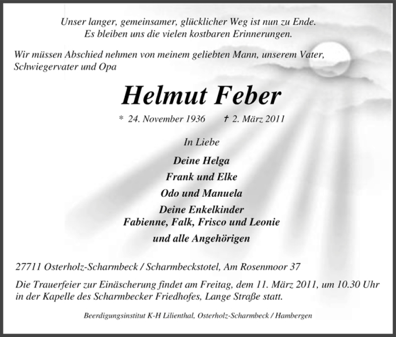 Traueranzeige von Helmut Feber von WESER-KURIER