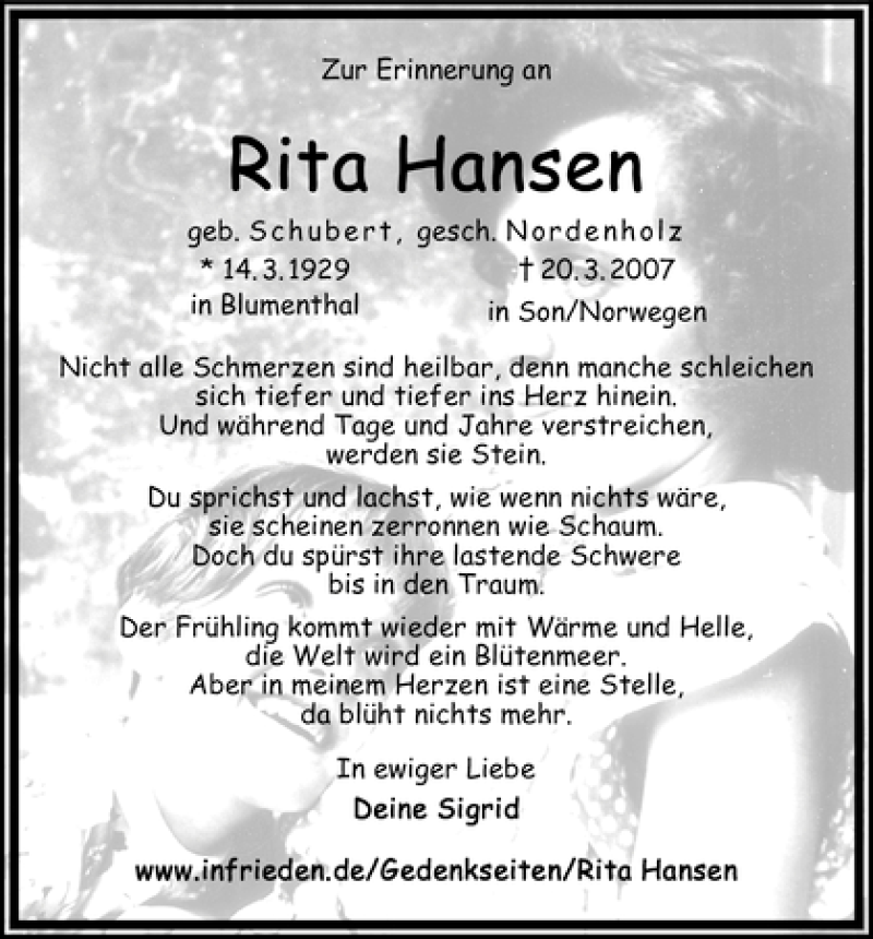  Traueranzeige für Rita Hansen, gesch.Nordenholz vom 19.03.2011 aus WESER-KURIER
