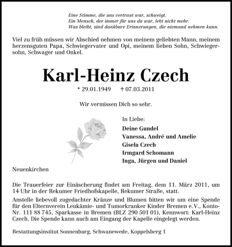 Traueranzeige von Karl-Heinz Czech von WESER-KURIER