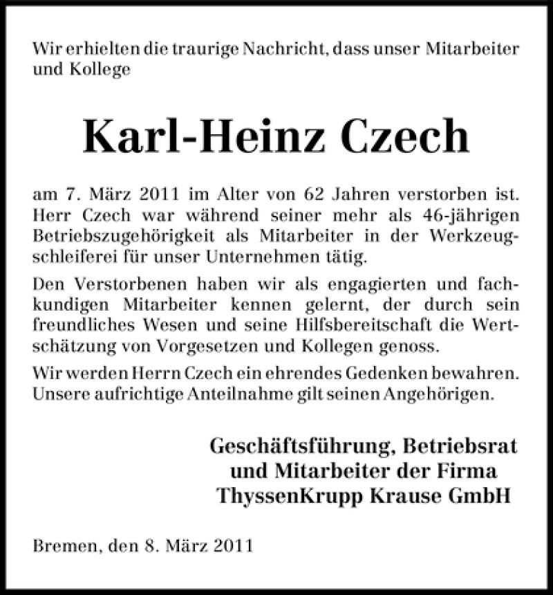 Traueranzeige von Karl-Heinz Czech von WESER-KURIER