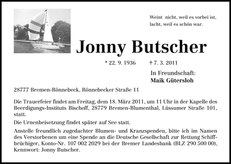 Traueranzeige von Jonny Butscher von WESER-KURIER