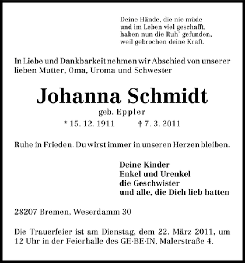Traueranzeige von Johanna Schmidt von WESER-KURIER