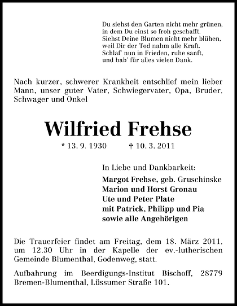  Traueranzeige für Wilfried Frehse vom 15.03.2011 aus WESER-KURIER