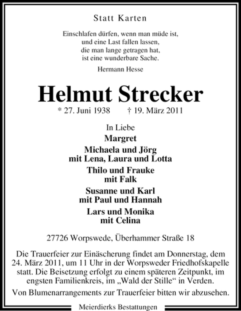 Traueranzeige von Helmut Strecker von WESER-KURIER