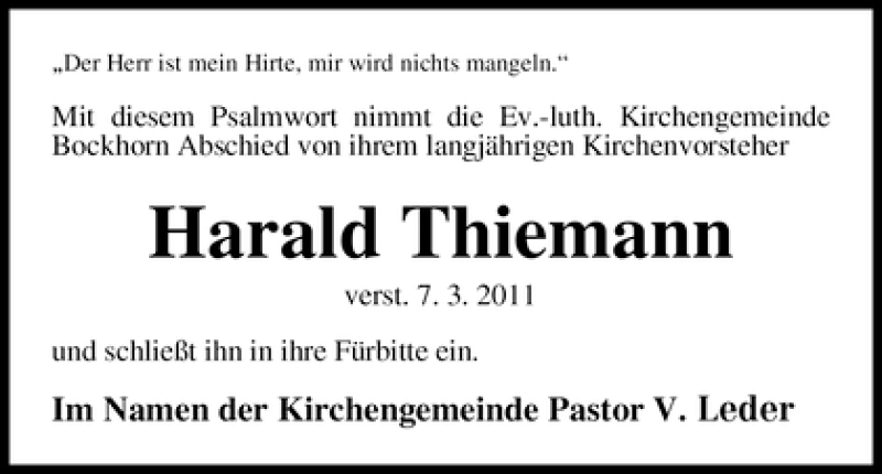 Traueranzeige von Harald Thiemann von WESER-KURIER