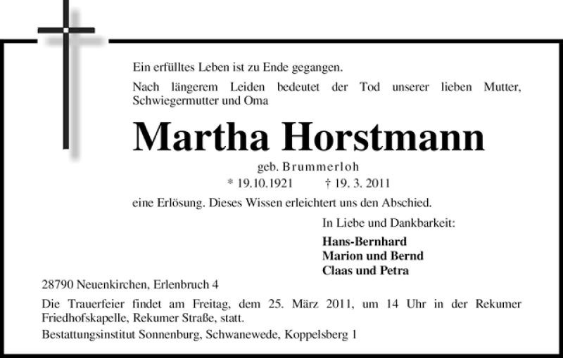 Traueranzeige von Martha Horstmann von WESER-KURIER