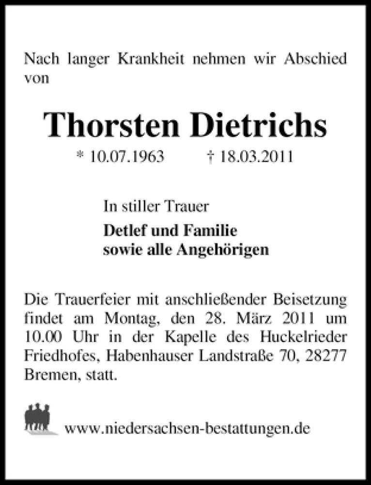  Traueranzeige für Thorsten Dietrichs vom 25.03.2011 aus WESER-KURIER