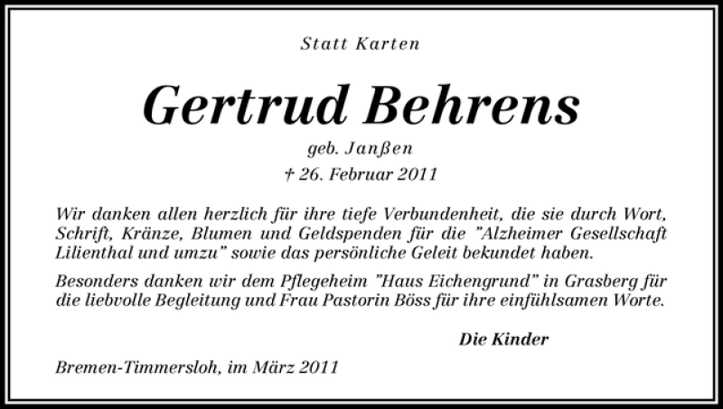Traueranzeige von Gertrud Behrens von WESER-KURIER