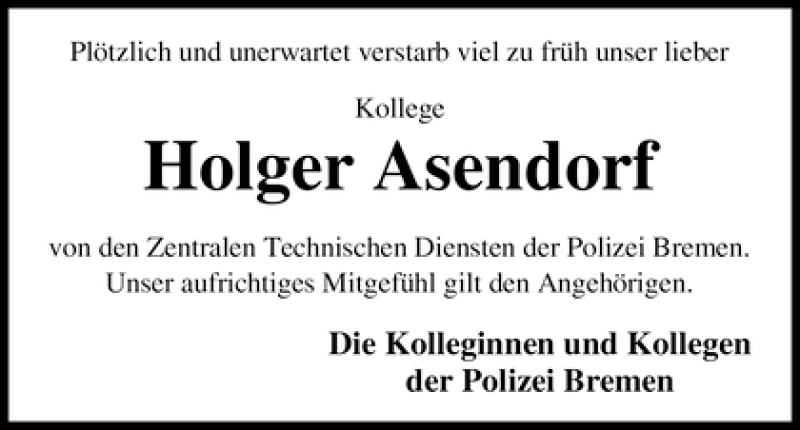 Traueranzeige von Holger Asendorf von WESER-KURIER