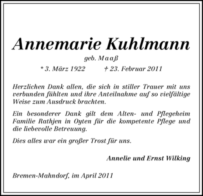 Traueranzeige von Annemarie Kuhlmann von WESER-KURIER