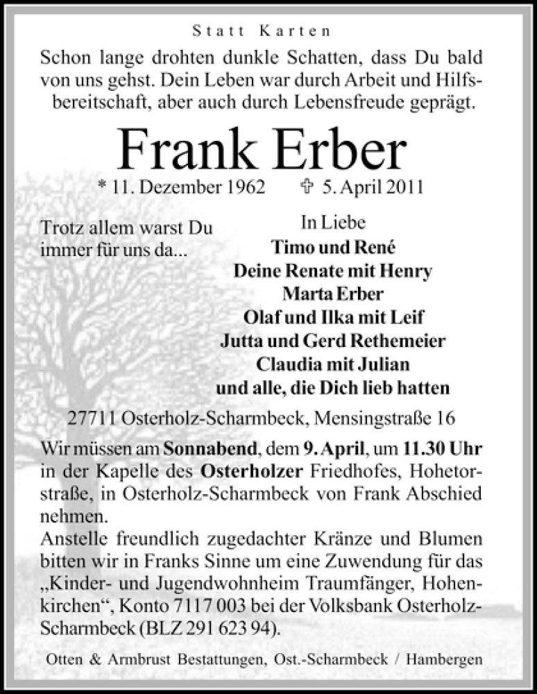  Traueranzeige für Frank Erber vom 07.04.2011 aus WESER-KURIER
