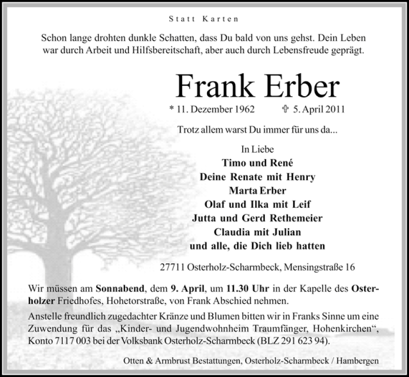  Traueranzeige für Frank Erber vom 07.04.2011 aus WESER-KURIER