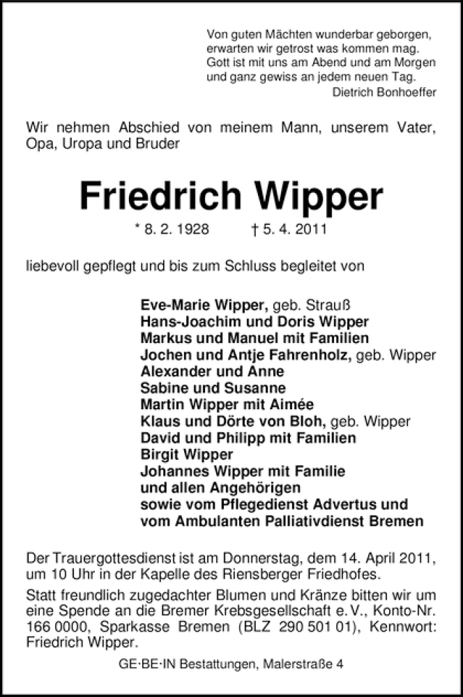  Traueranzeige für Friedrich Wipper vom 09.04.2011 aus WESER-KURIER