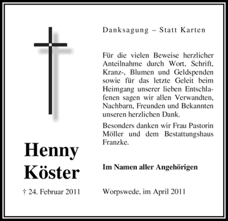 Traueranzeige von Henny Köster von WESER-KURIER