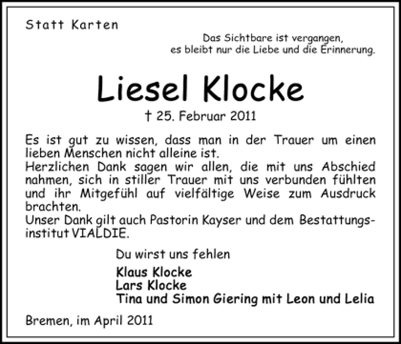 Traueranzeige von Liesel Locke von WESER-KURIER