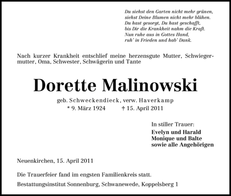 Traueranzeige von Dorette Malinowski von WESER-KURIER