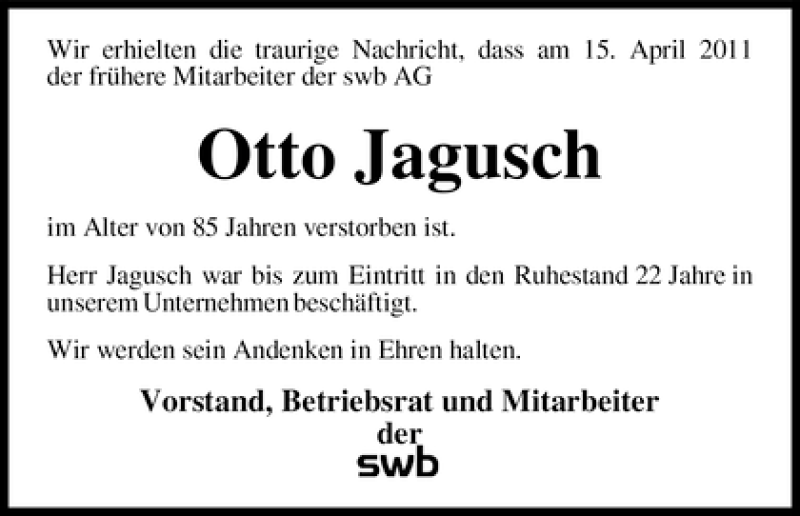Traueranzeige von Otto Jagusch von WESER-KURIER