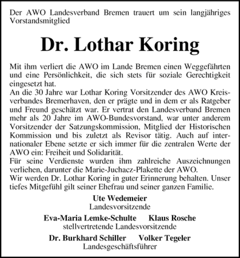 Traueranzeige von Lothar Koring von WESER-KURIER
