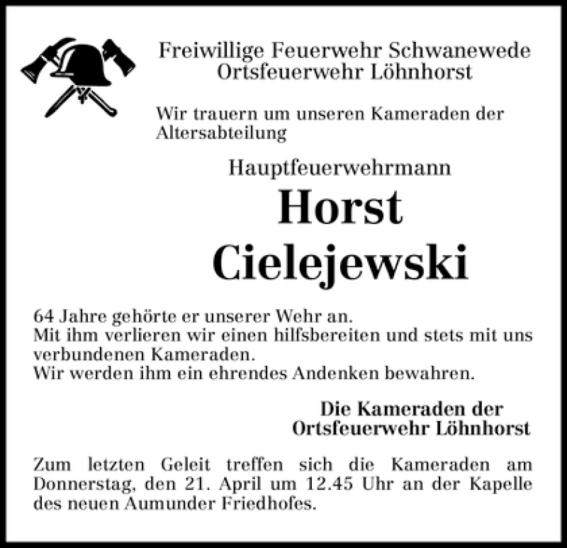 Traueranzeige von Horst Cielejewski von WESER-KURIER