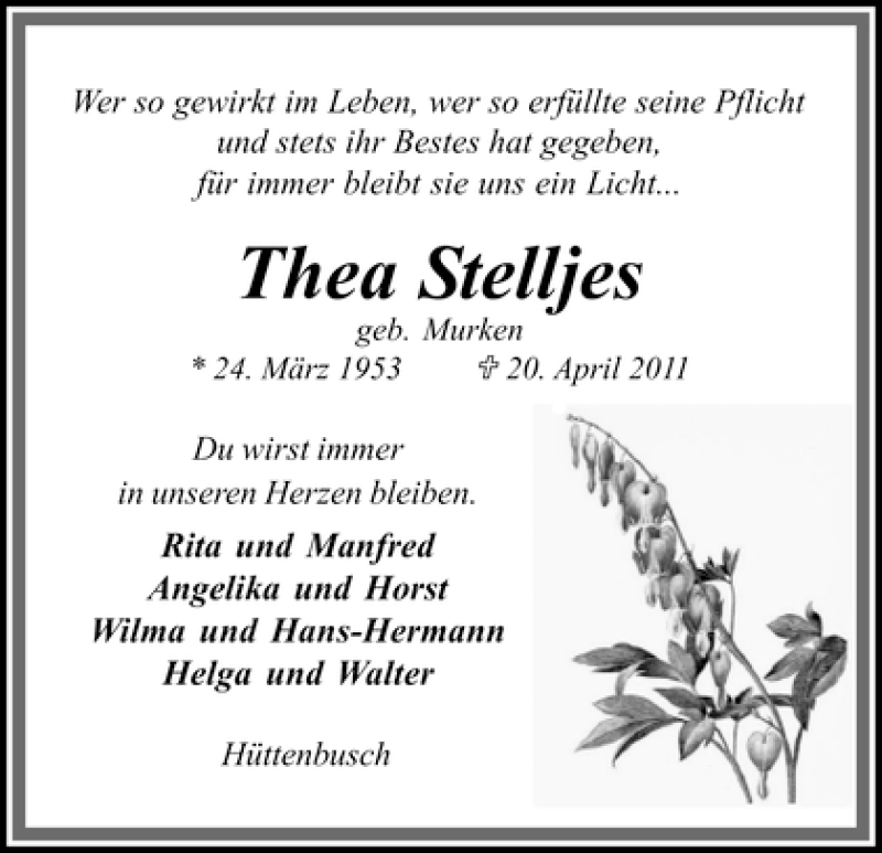  Traueranzeige für Thea Stelljes vom 26.04.2011 aus WESER-KURIER