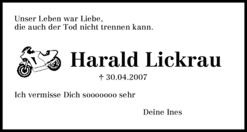  Traueranzeige für Harald Lickrau vom 30.04.2011 aus WESER-KURIER