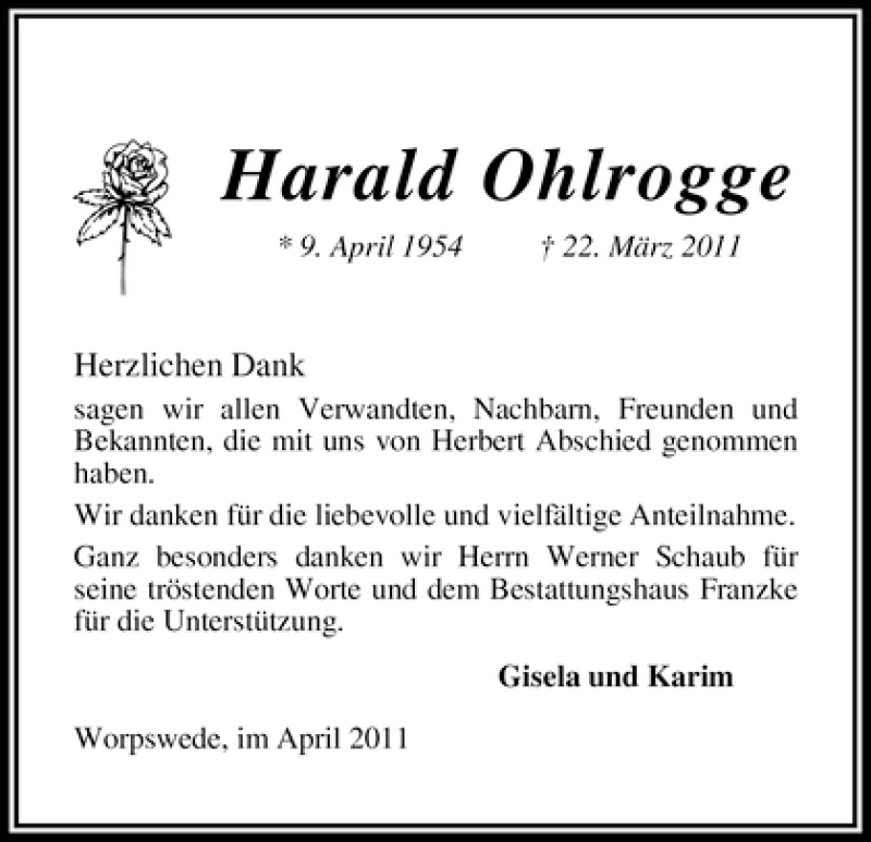 Traueranzeigen Von Harald Ohlrogge | Trauer & Gedenken