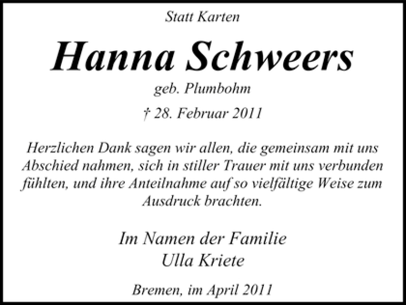 Traueranzeige von Hanna Schweers von WESER-KURIER