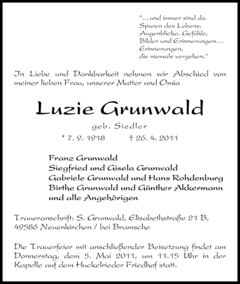 Traueranzeige von Luzie Grunwald von WESER-KURIER