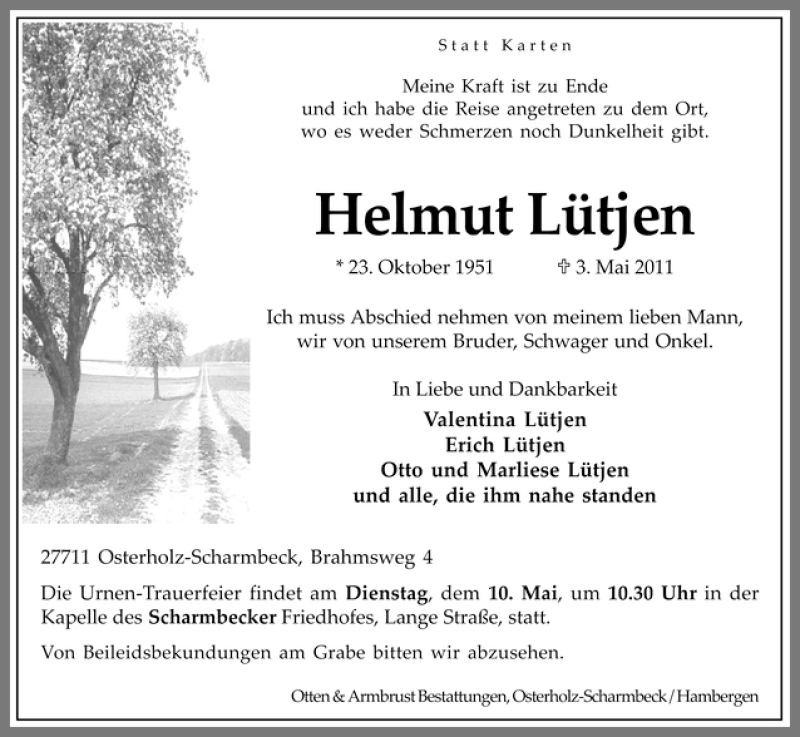 Traueranzeige von Helmut Lütjen von WESER-KURIER