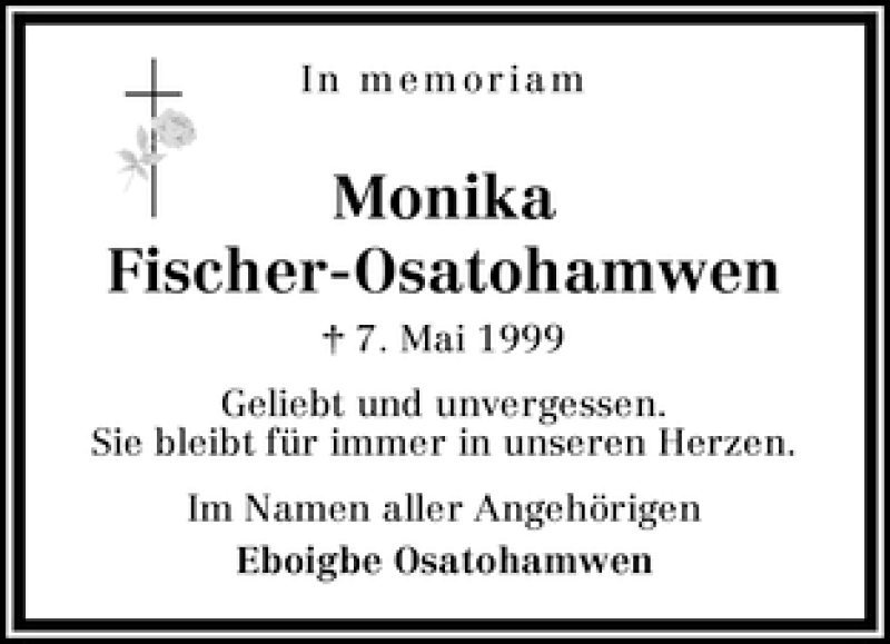 Traueranzeige von Monika Fischer- Osatohamwen von WESER-KURIER