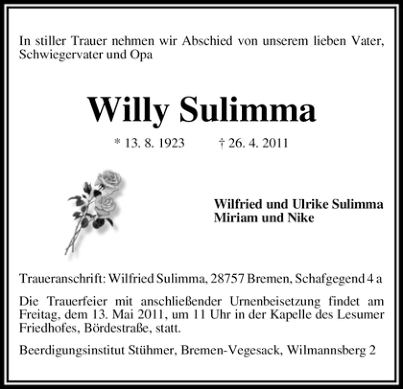 Traueranzeige von Willy Sulimma von WESER-KURIER