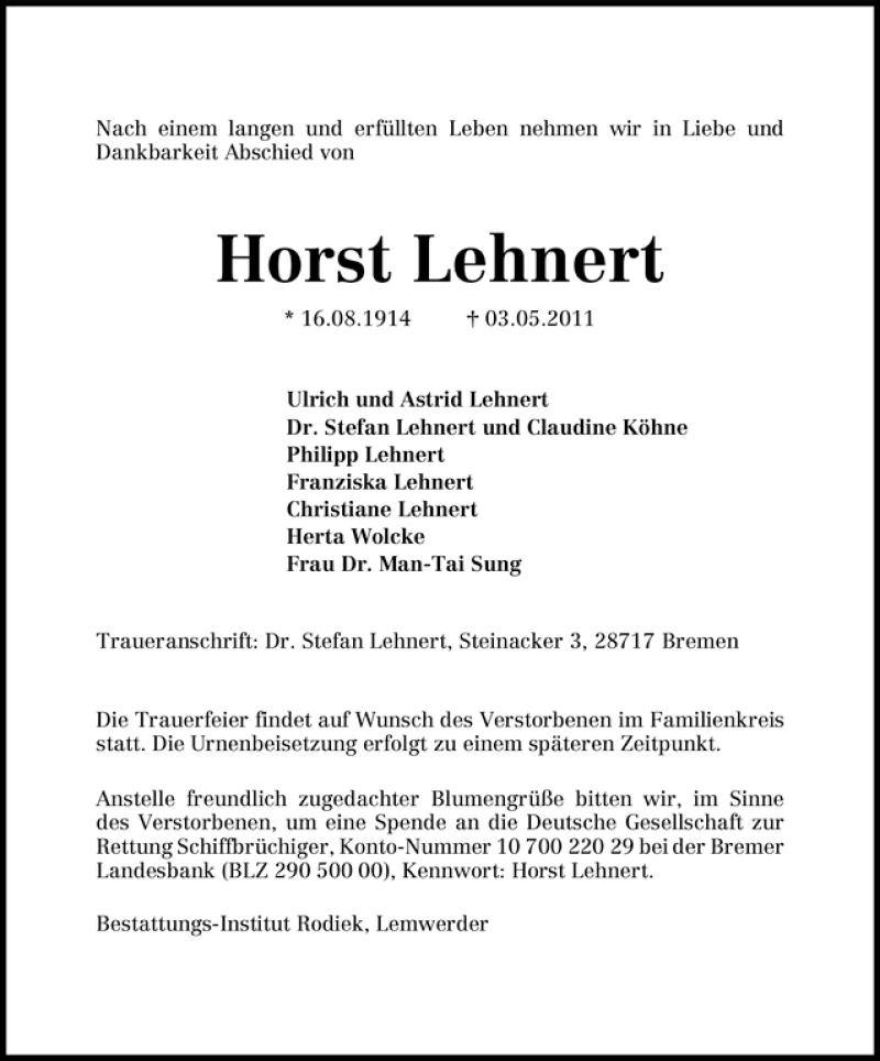 Traueranzeige von Horst Lehnert von WESER-KURIER