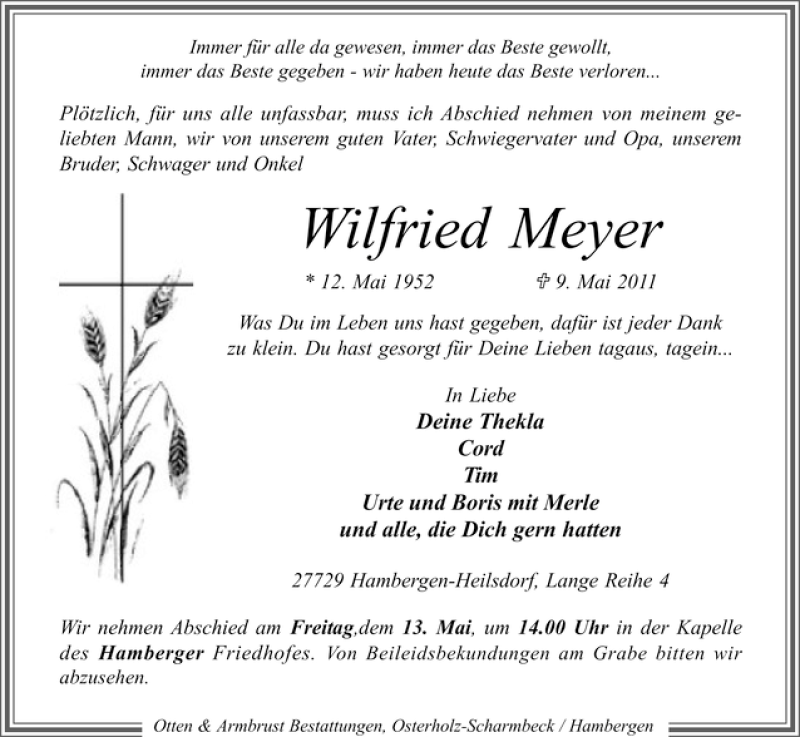 Traueranzeige von Wilfried Meyer von WESER-KURIER
