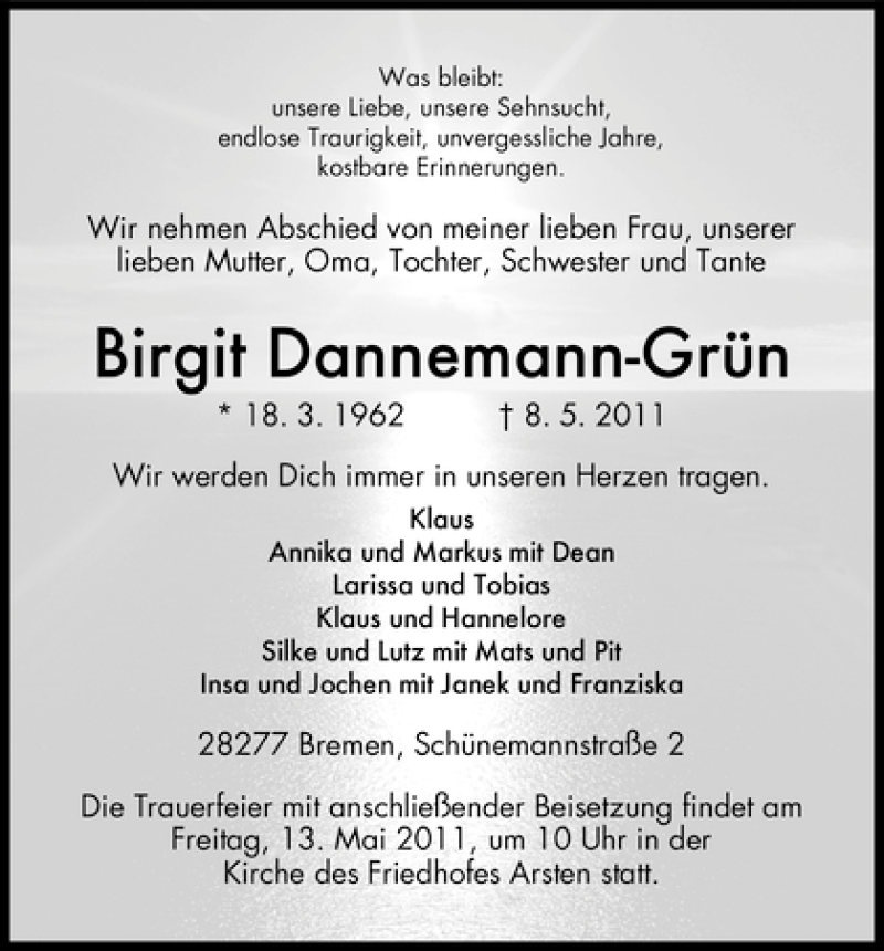  Traueranzeige für Birgit Dannemann-Grün vom 10.05.2011 aus WESER-KURIER