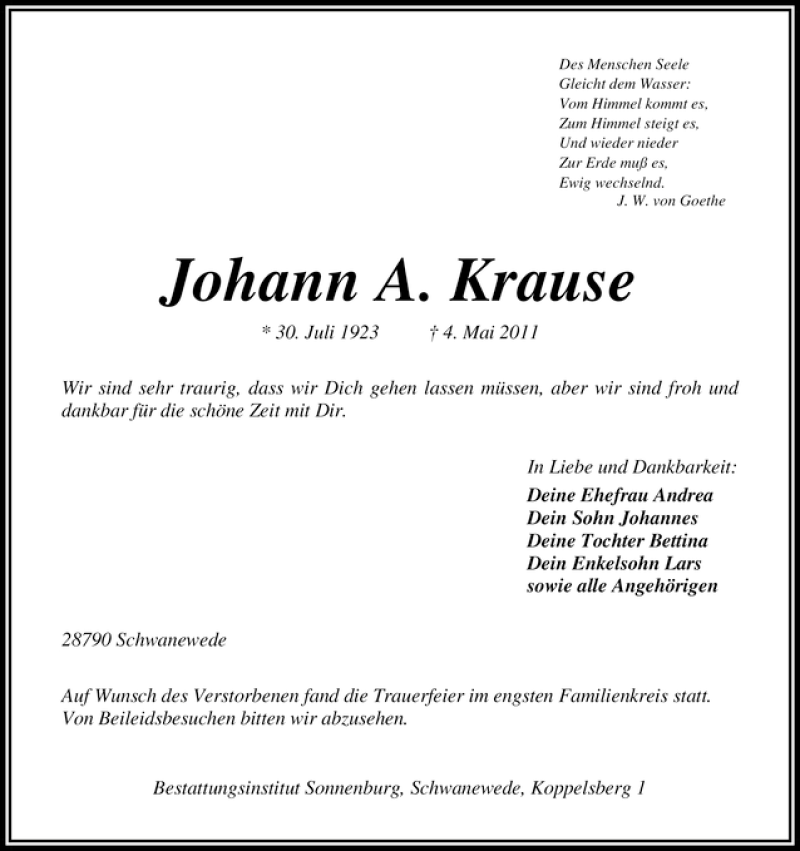 Traueranzeige von Johann A. Krause von WESER-KURIER