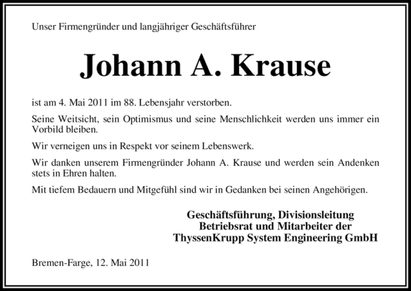  Traueranzeige für Johann A. Krause vom 12.05.2011 aus WESER-KURIER