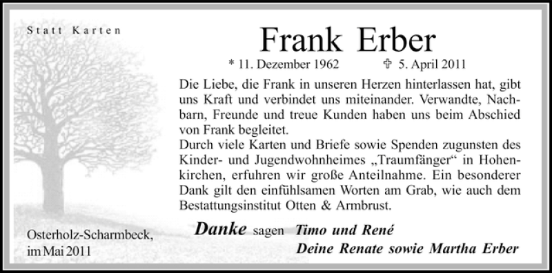  Traueranzeige für Frank Erber vom 14.05.2011 aus WESER-KURIER