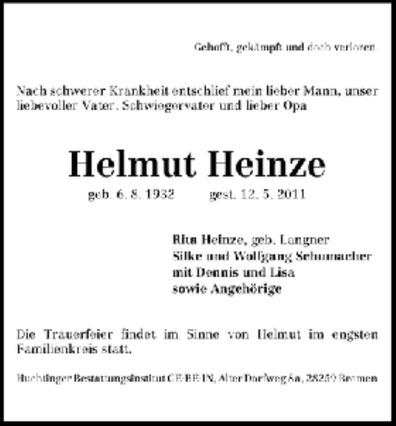 Traueranzeige von Helmut Heinze von WESER-KURIER