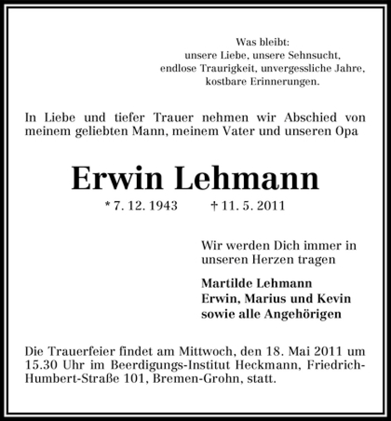 Traueranzeige von Erwin Lehmann von WESER-KURIER