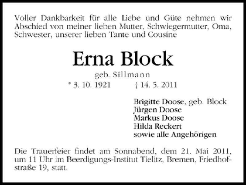  Traueranzeige für Erna Block vom 18.05.2011 aus WESER-KURIER