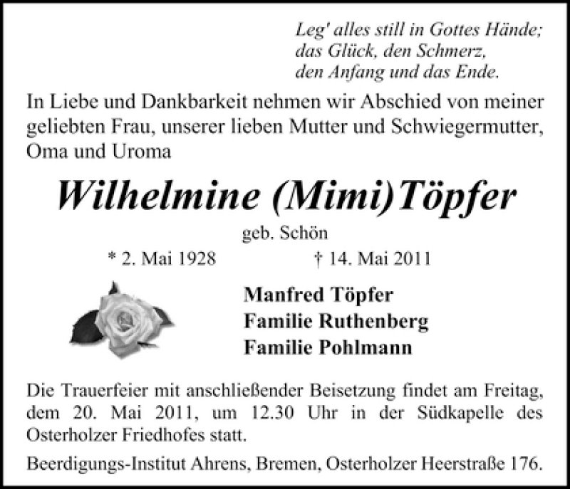 Traueranzeige von Wilhelmine Töpfer von WESER-KURIER