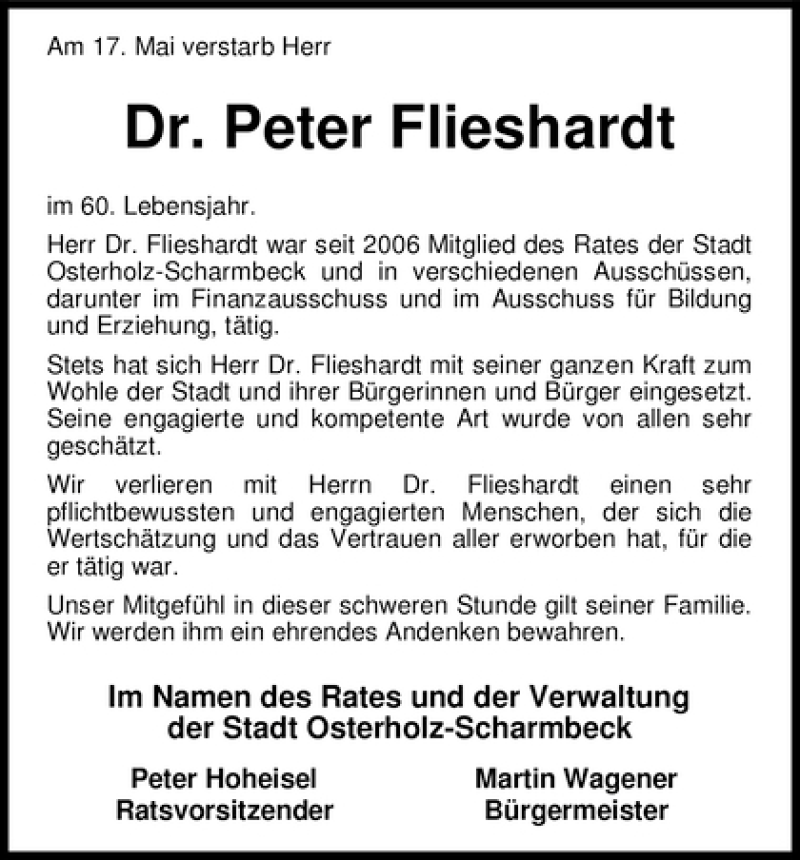 Traueranzeige von Dr. Peter Flieshardt von WESER-KURIER