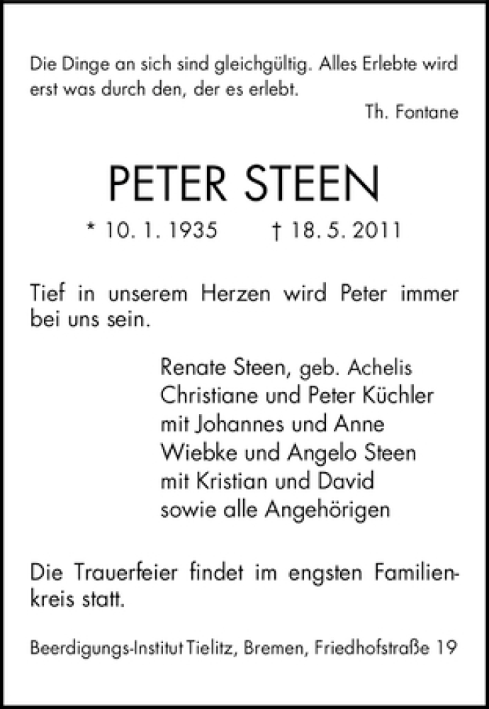 Traueranzeige von Peter Steen von WESER-KURIER