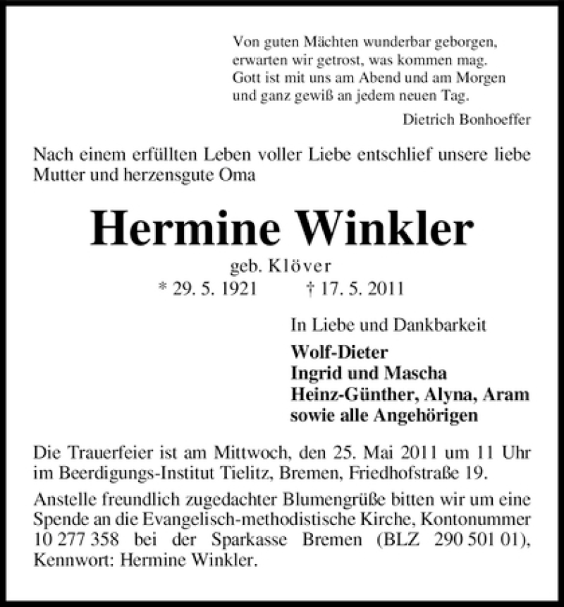 Traueranzeige von Hermine Winkler von WESER-KURIER