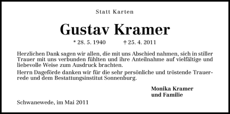 Traueranzeige von Gustav Kramer von WESER-KURIER