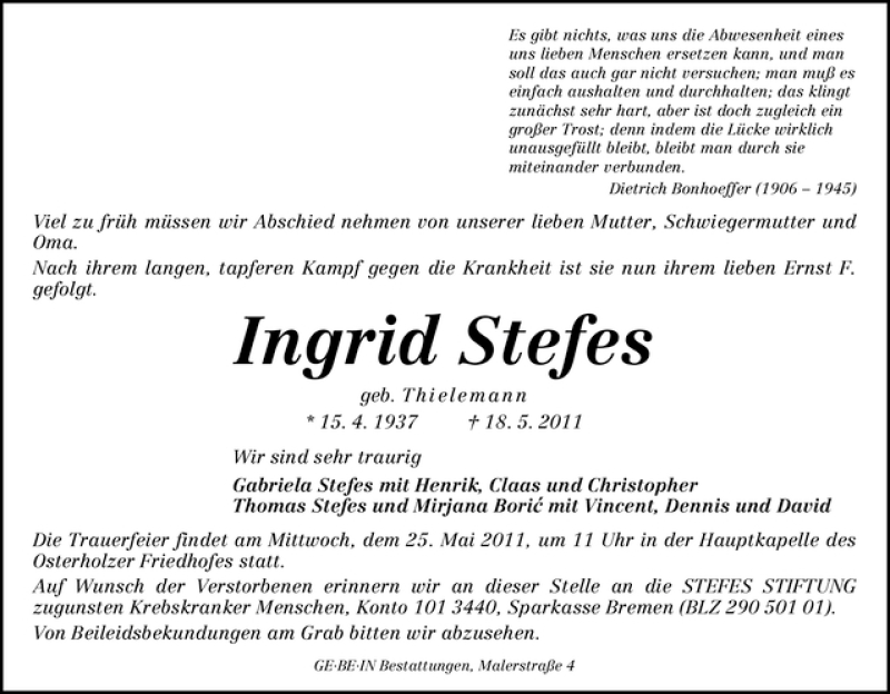  Traueranzeige für Ingrid Stefes vom 21.05.2011 aus WESER-KURIER