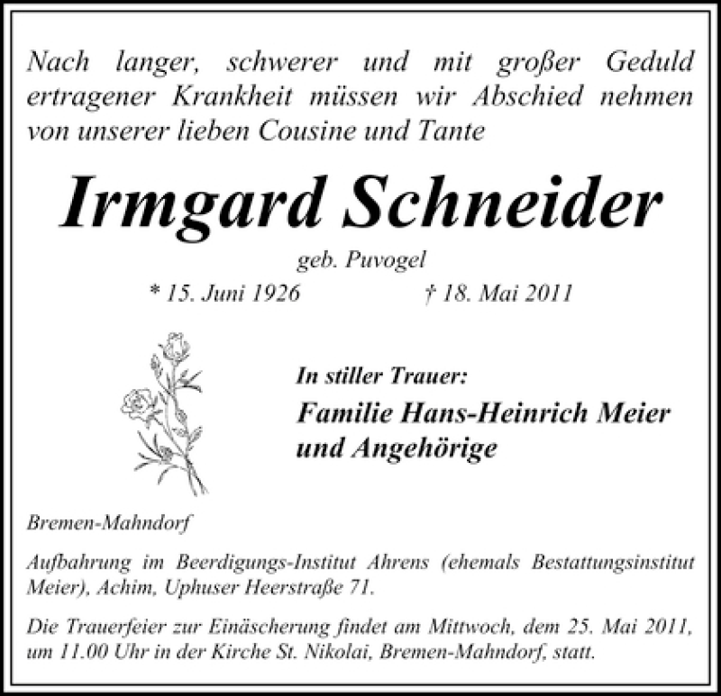  Traueranzeige für Irmgard Schneider vom 21.05.2011 aus WESER-KURIER