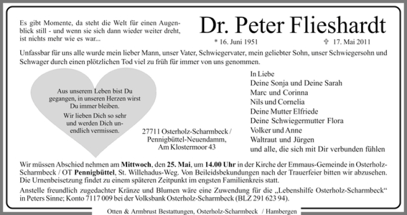  Traueranzeige für Dr. Peter Flieshardt vom 21.05.2011 aus WESER-KURIER