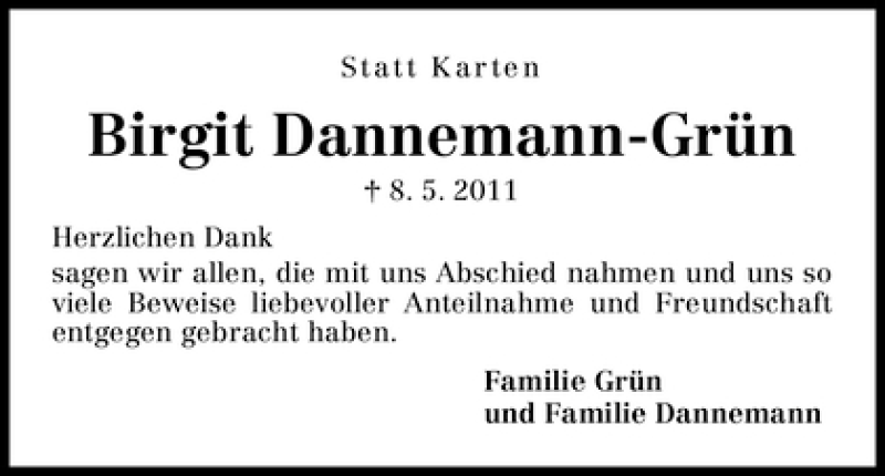  Traueranzeige für Birgit Dannemann-Grün vom 28.05.2011 aus WESER-KURIER