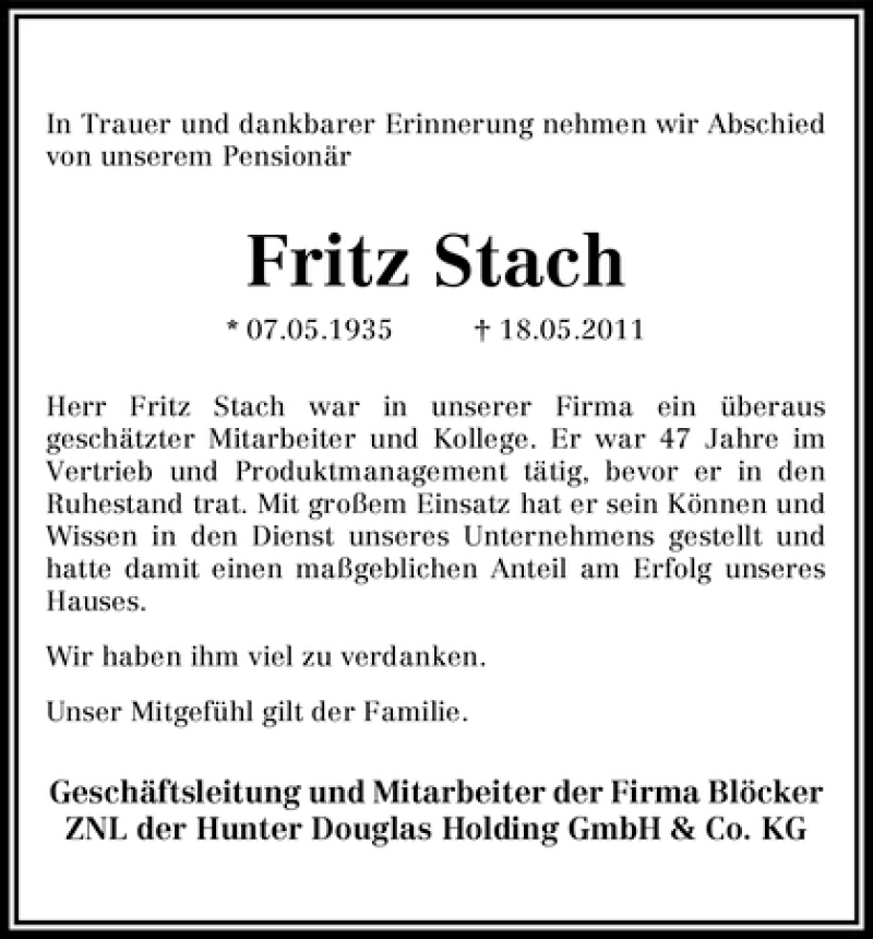  Traueranzeige für Fritz Stach vom 28.05.2011 aus WESER-KURIER